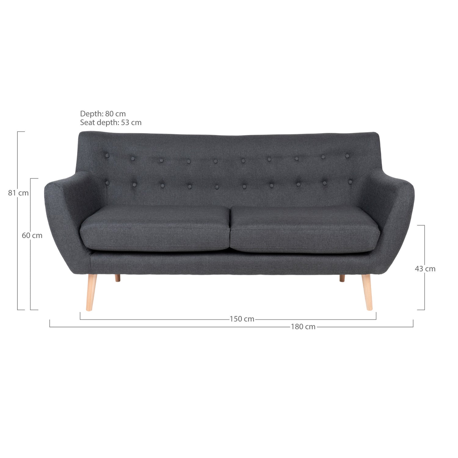 Monte 3 person sofa - 3 person sofa, dark gray with nature wooden legs, HN1002