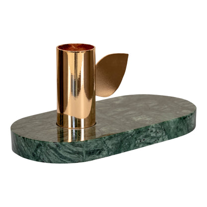 Candlestick - Candlestick in marble, green, brass holder, 14x7x7 cm
