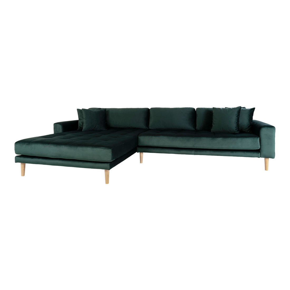Lido Lounge Sofa - Lounge Sofa, Left in Velor, Dark Green with Four Pillows and Nature Wooden Ben, HN1006 - 1 - Pcs