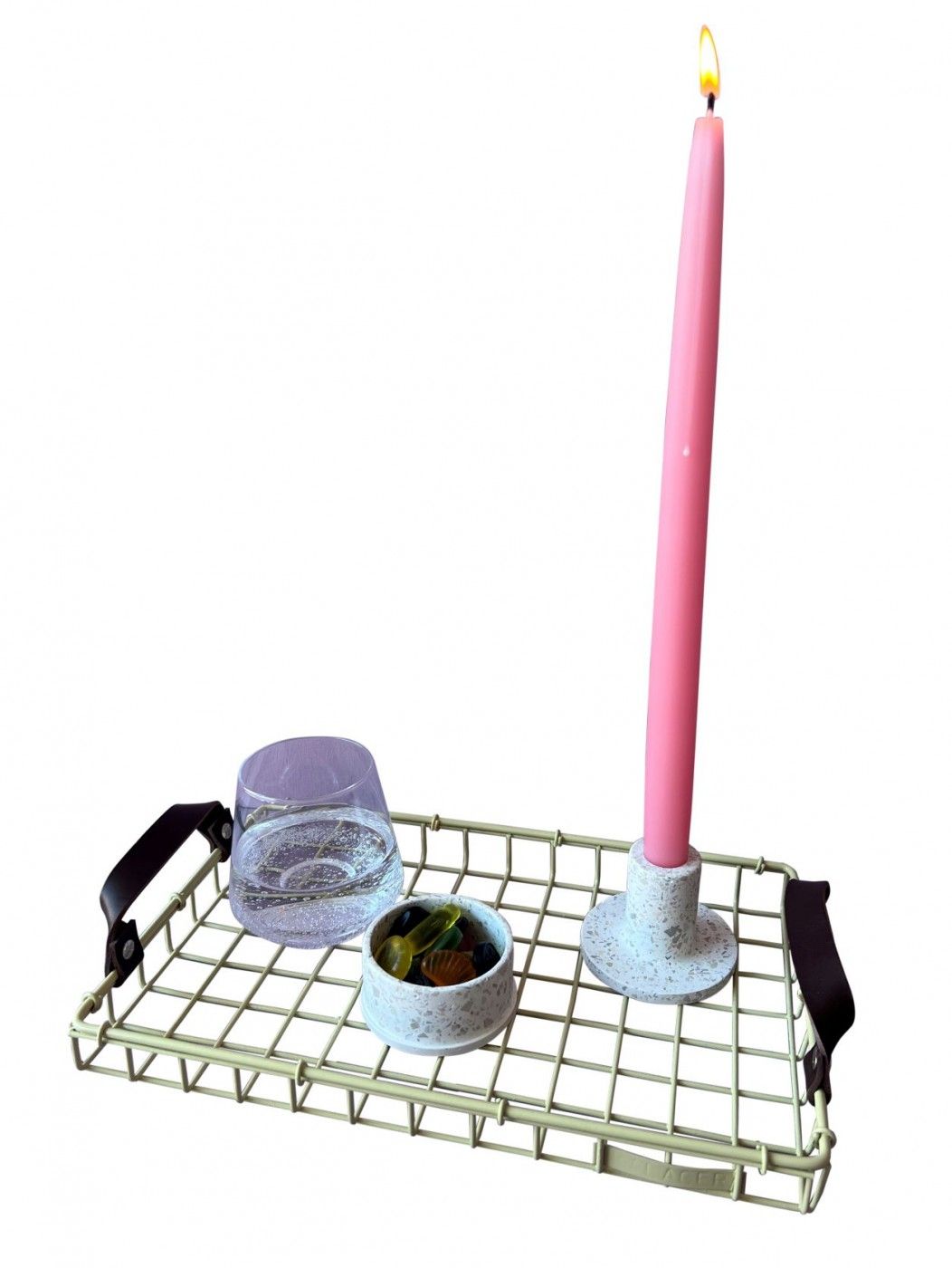 Kalager design tray, small, green beige with dark brown leather strap