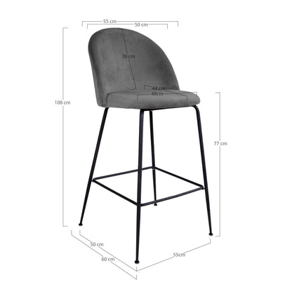 Lausanne bare chair - bar stool in velor, gray with black legs, HN1213