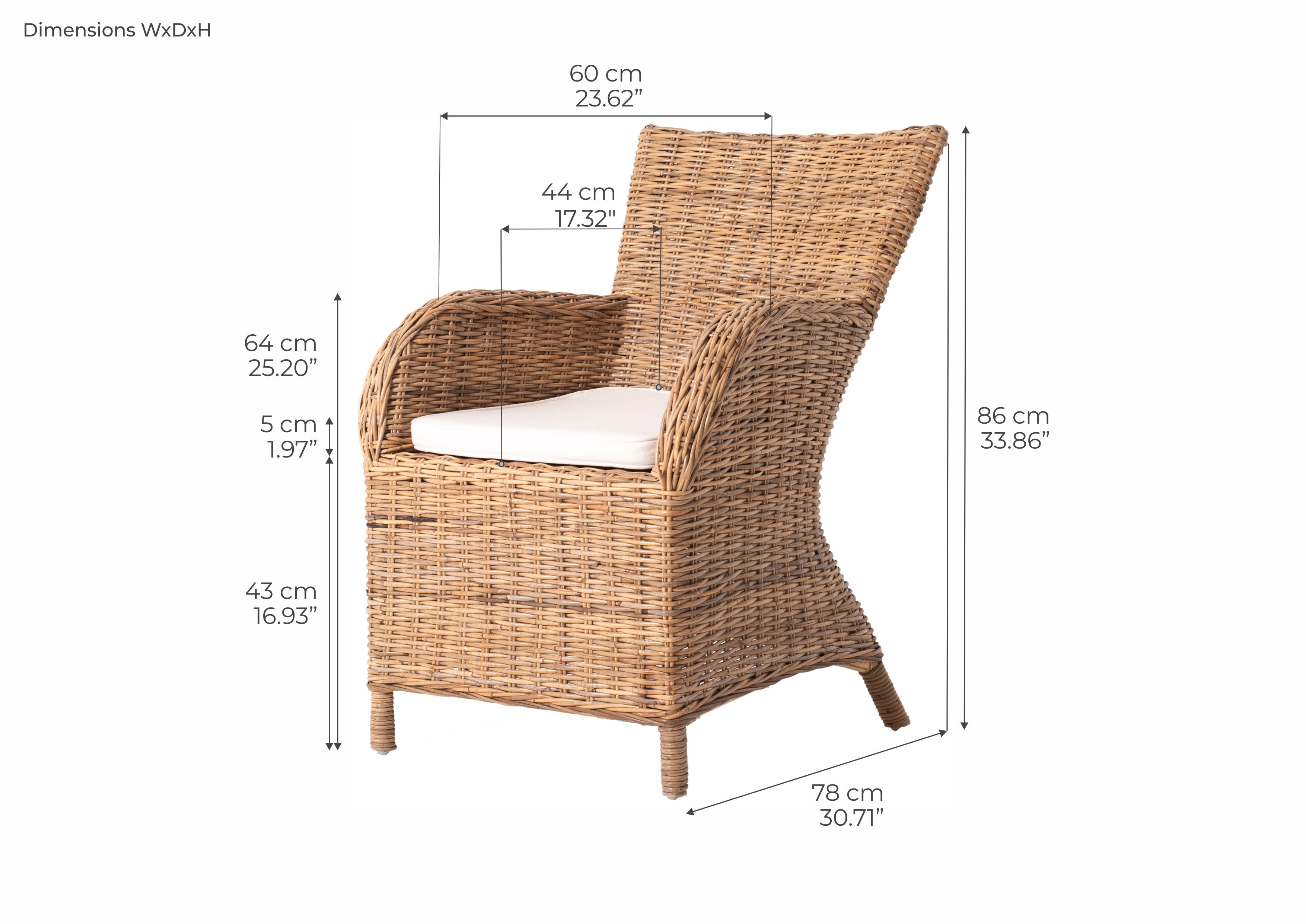 WickerWorks Rook hand -braided dining table chair in natural rattan with cushions (sold as pair)