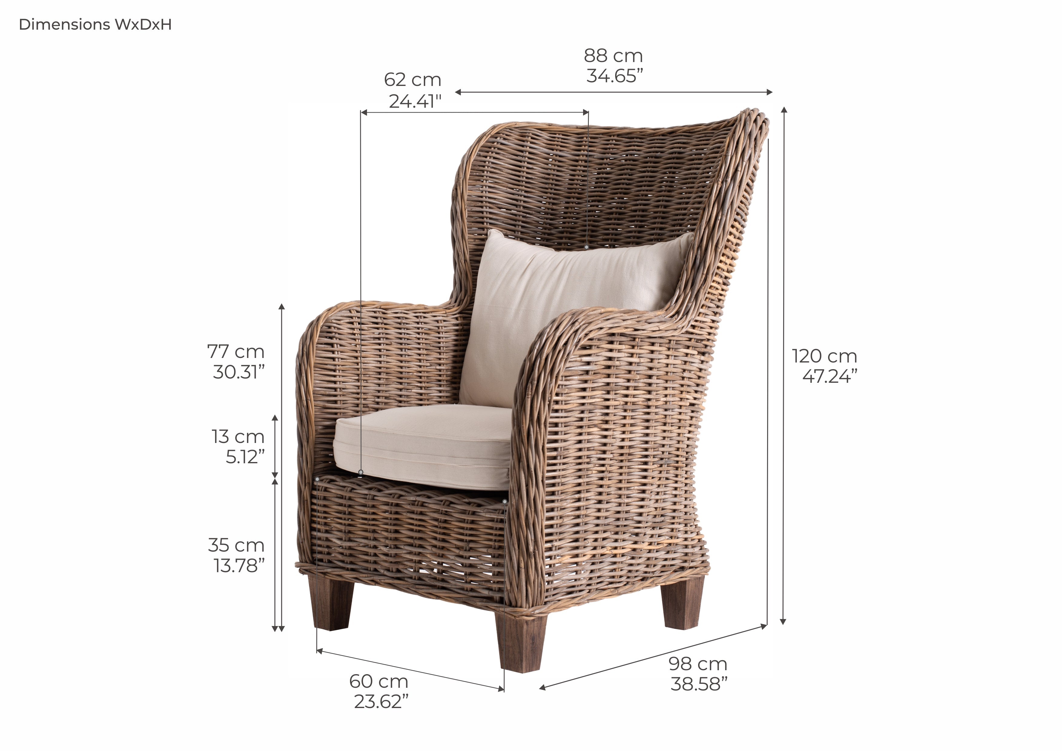 WickerWorks King hand braided armchair in natural rattan with