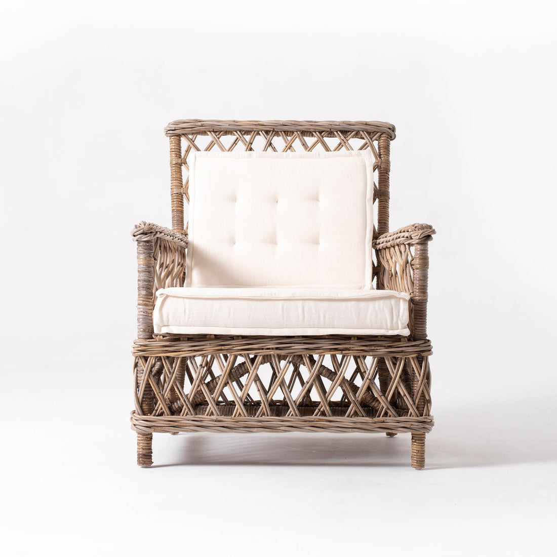 WickerWorks Marquis hand -braided armchair in natural rattan with cushions (sold as pair)