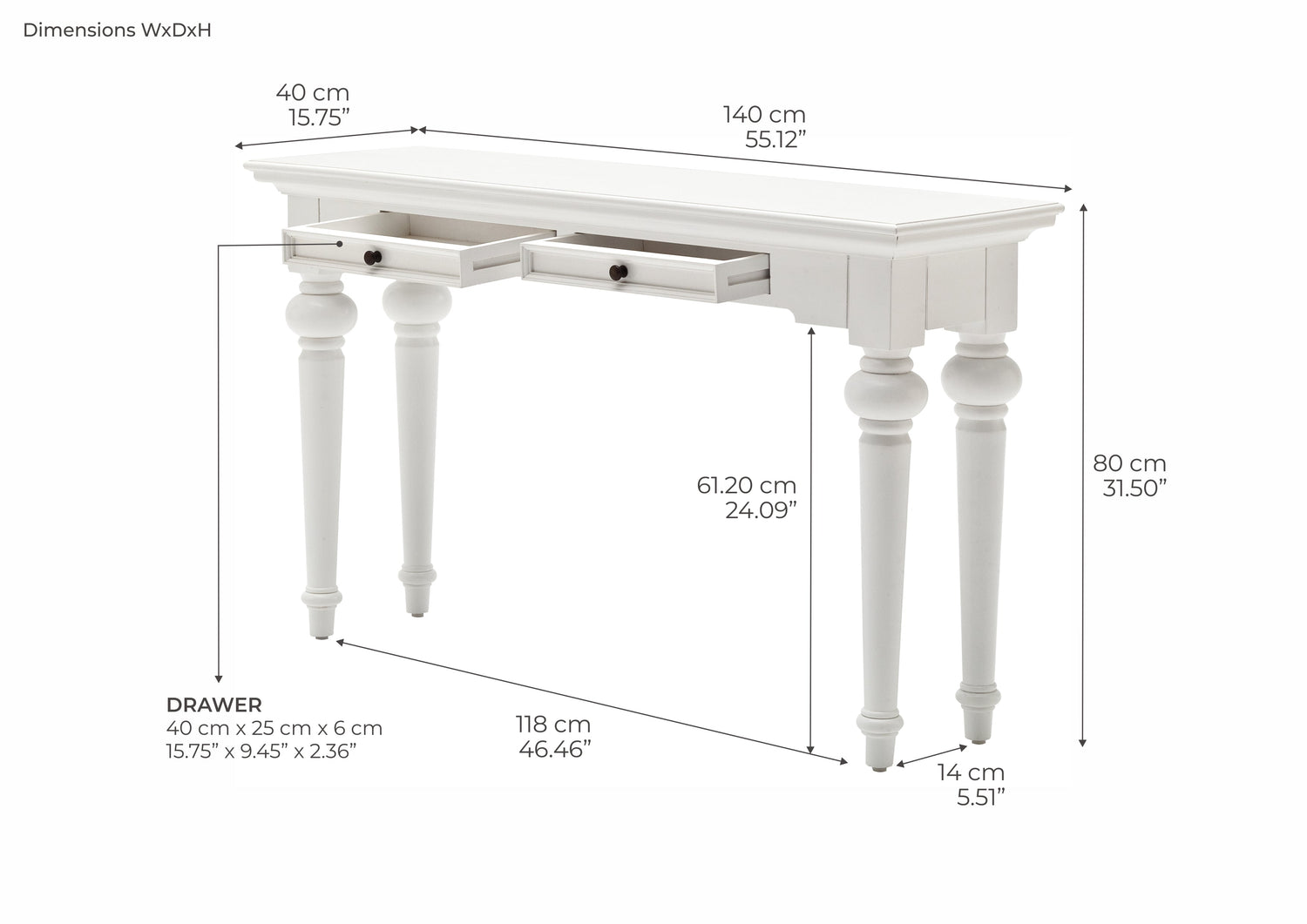 Provence console table with 2 drawers