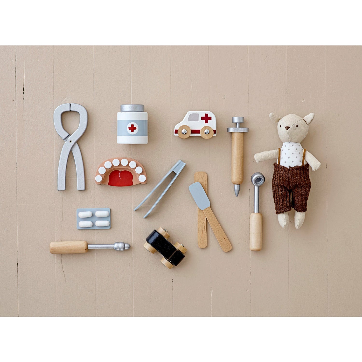 Eleo Legesæt, Tandlæge, Grå, Bøg - L14xH10xW5,5 cm, Set of 9 - BLOOMINGVILLE MINI - DesignGaragen.dk