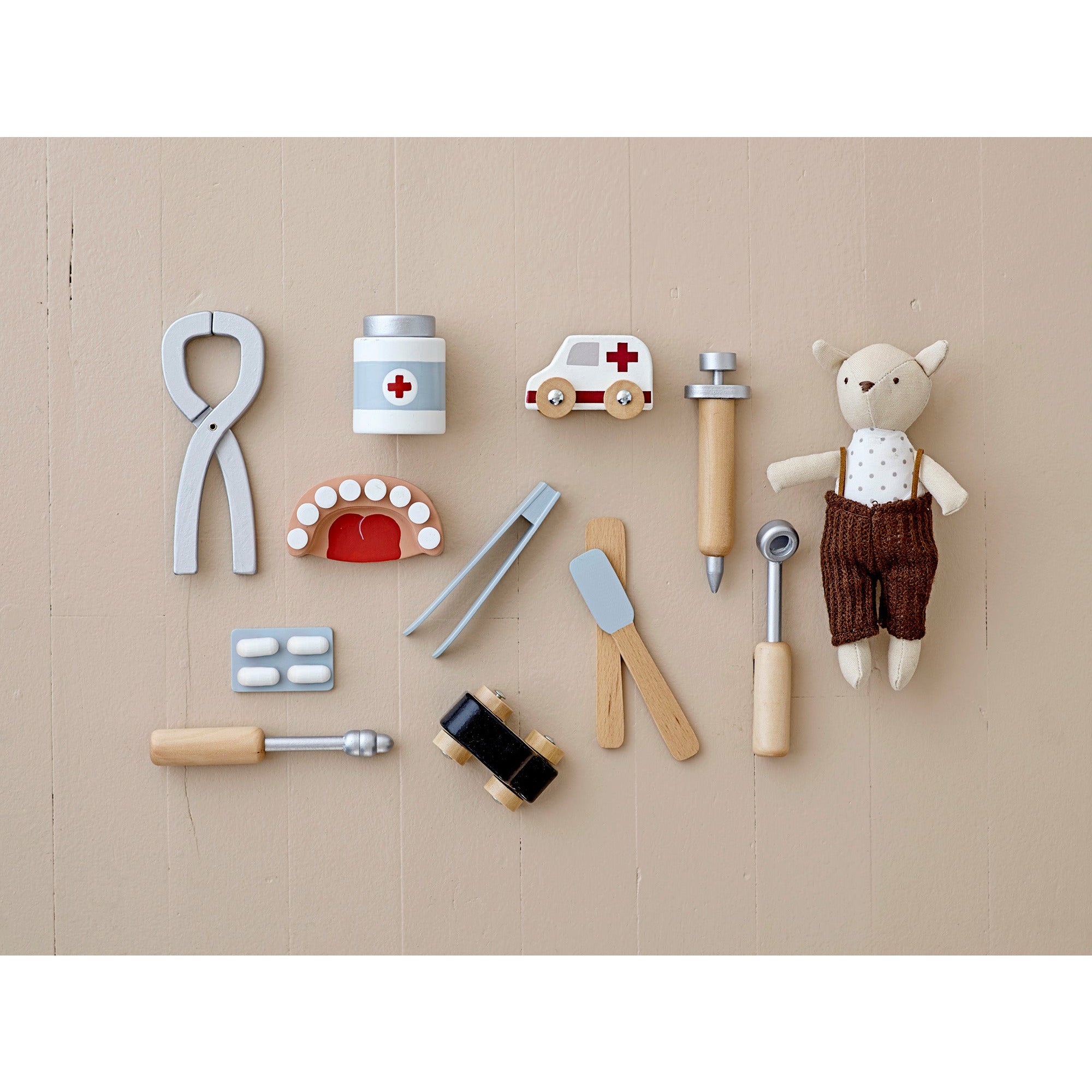 Eleo Legesæt, Tandlæge, Grå, Bøg - L14xH10xW5,5 cm, Set of 9 - BLOOMINGVILLE MINI - DesignGaragen.dk